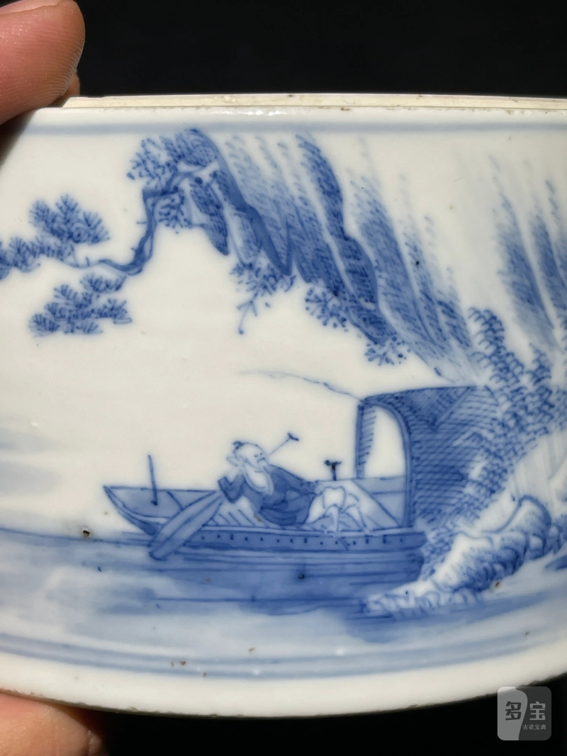 清晚期 青花山水人物诗文盖盒 - 图5